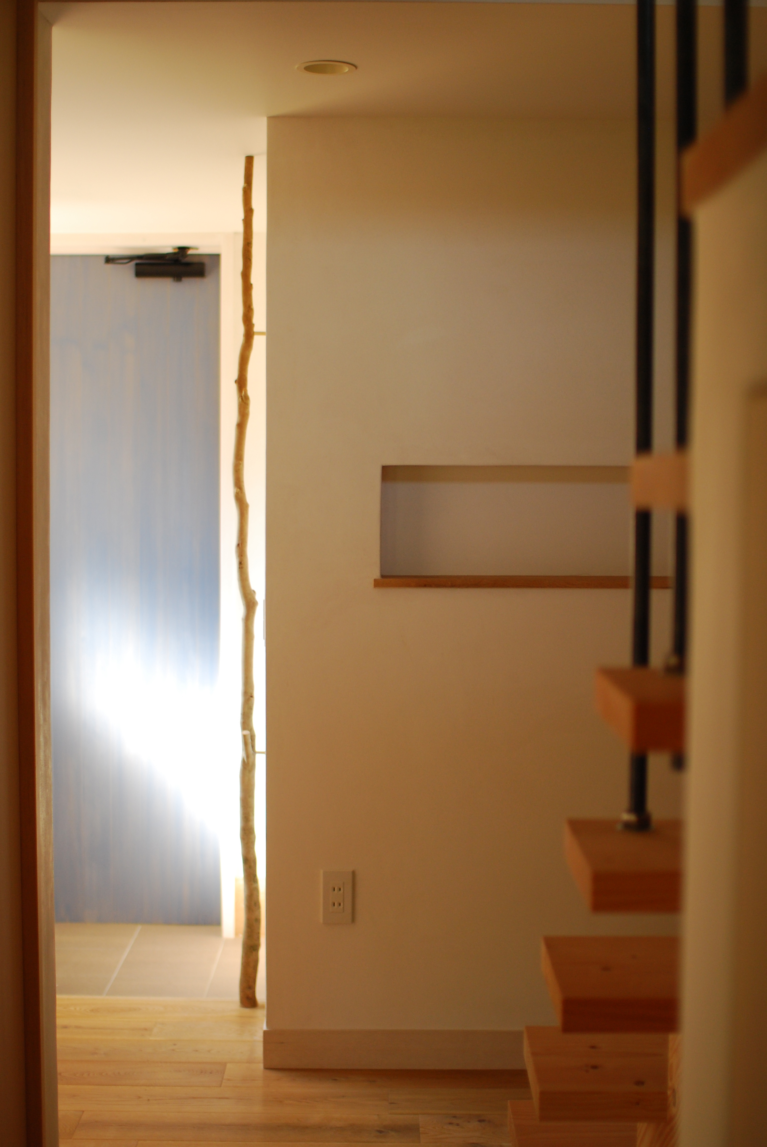 ホールからリビング方向＿火打ち梁を利用した猫のくつろぎスペース